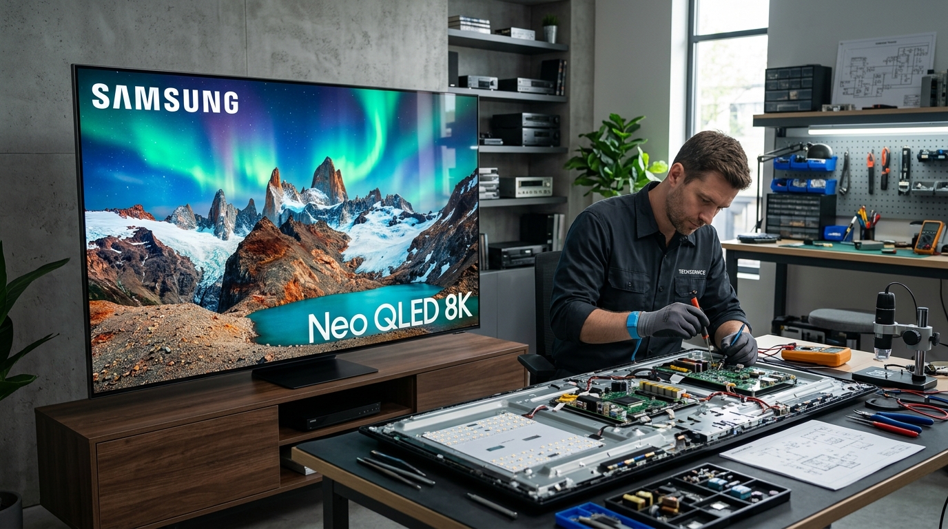 Certified technician performing TV diagnostic tests